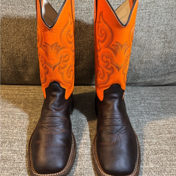 Old West BoysSix Row Stitch Western Orange and Rich Brown Cowboy Boots Size 6.0D - Picture 3 of 9